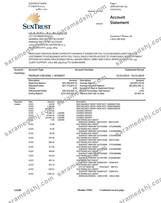 USA SunTrust bank statement